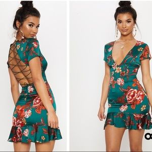 Green floral low cut dress.